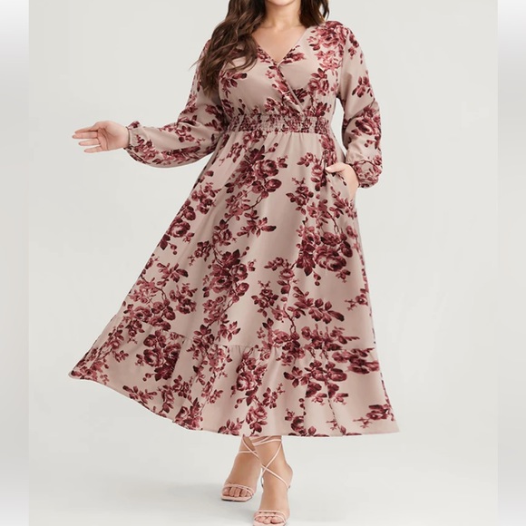 BloomChic Dresses & Skirts - New!Floral Wrap Lantern Sleeve Pocket Shirred Ruffle Hem Dress Size 18-20 or 2X